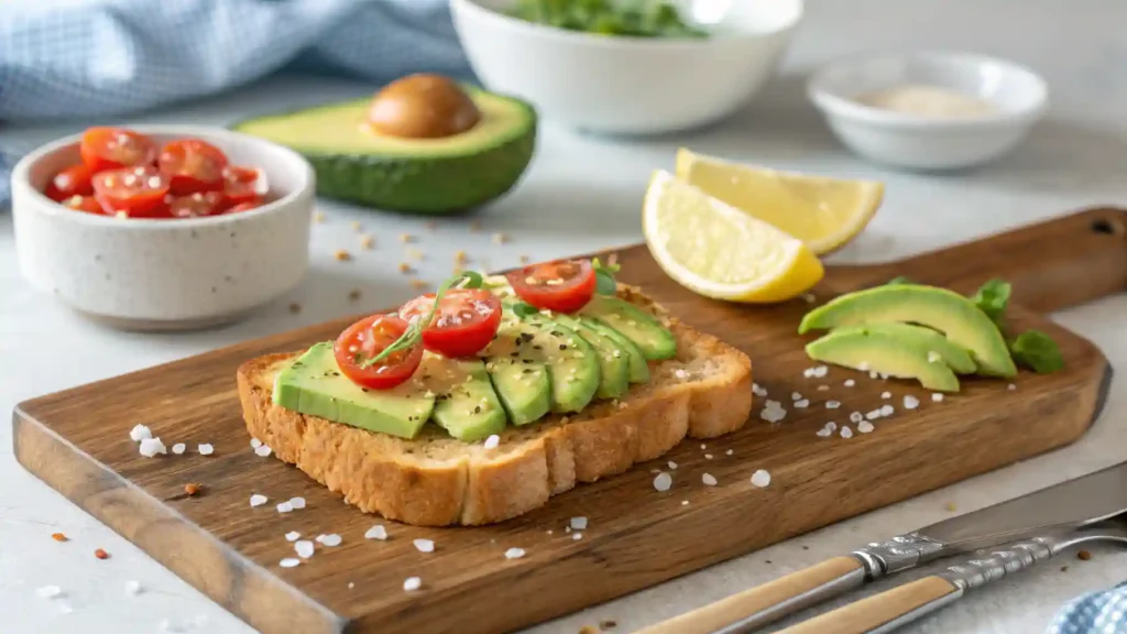 A slice of toasted bread topped with mashed avocado, poached egg, and sprinkled chili flakes on a white ceramic plate