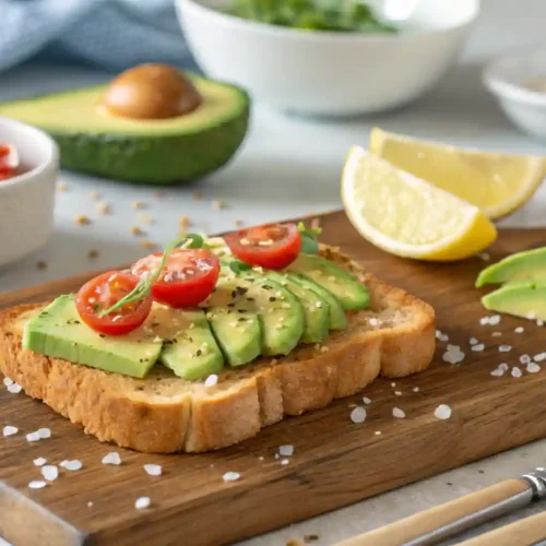 A slice of toasted bread topped with mashed avocado, poached egg, and sprinkled chili flakes on a white ceramic plate
