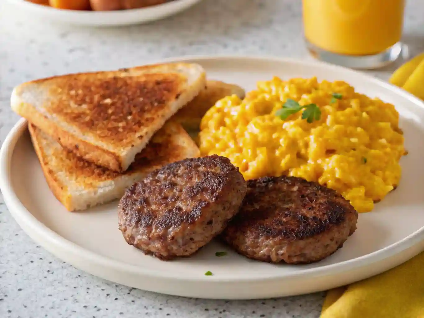 Healthy breakfast sausage patties with scrambled eggs and avocado on a white ceramic plate.