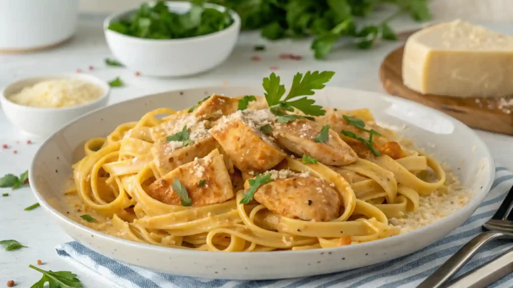 Final plate of easy cowboy butter chicken linguine, garnished with fresh parsley, showcasing the creamy butter sauce, tender chicken, and linguine pasta