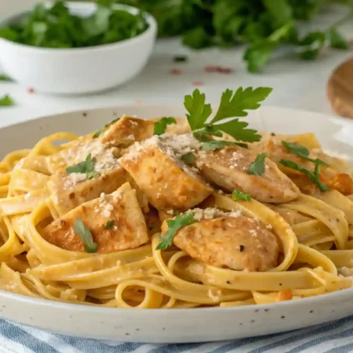 Final plate of easy cowboy butter chicken linguine, garnished with fresh parsley, showcasing the creamy butter sauce, tender chicken, and linguine pasta