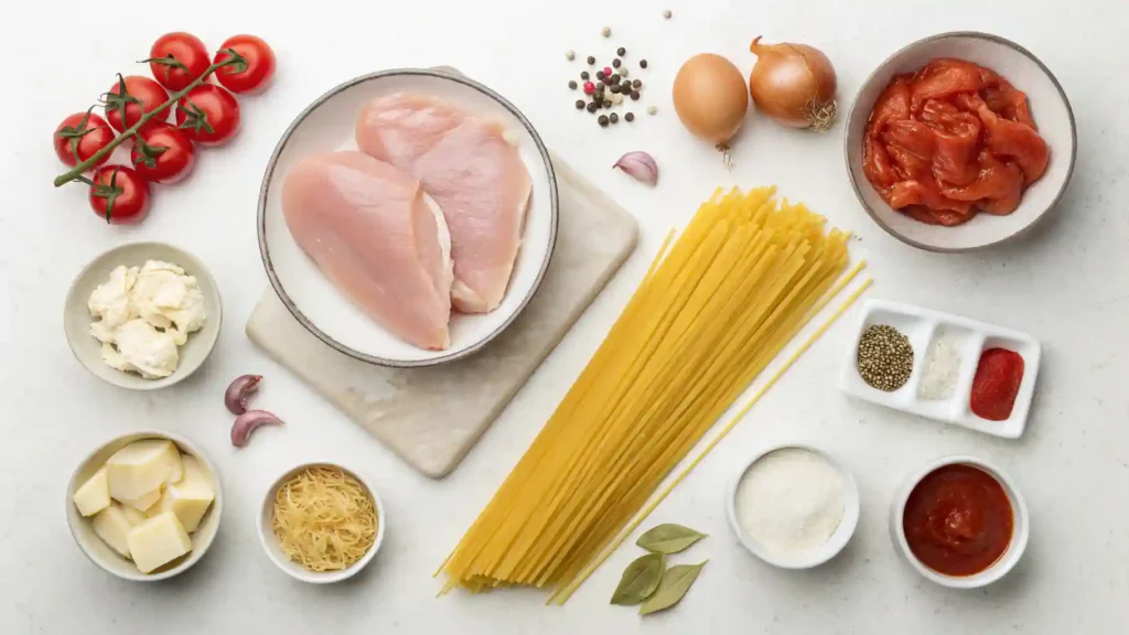 Ingredients for easy cowboy butter chicken linguine including chicken breasts, linguine pasta, garlic, butter, lemon, red pepper flakes, and fresh parsley