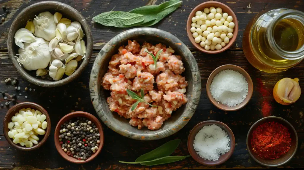 Flat lay of ingredients for healthy breakfast sausage on a wooden surface