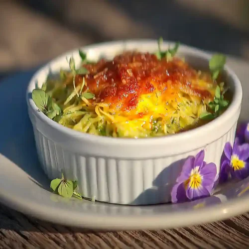 Savory crab brûlée served in a white ramekin, topped with caramelized cheese and garnished with microgreens, presented on a rustic wooden table.