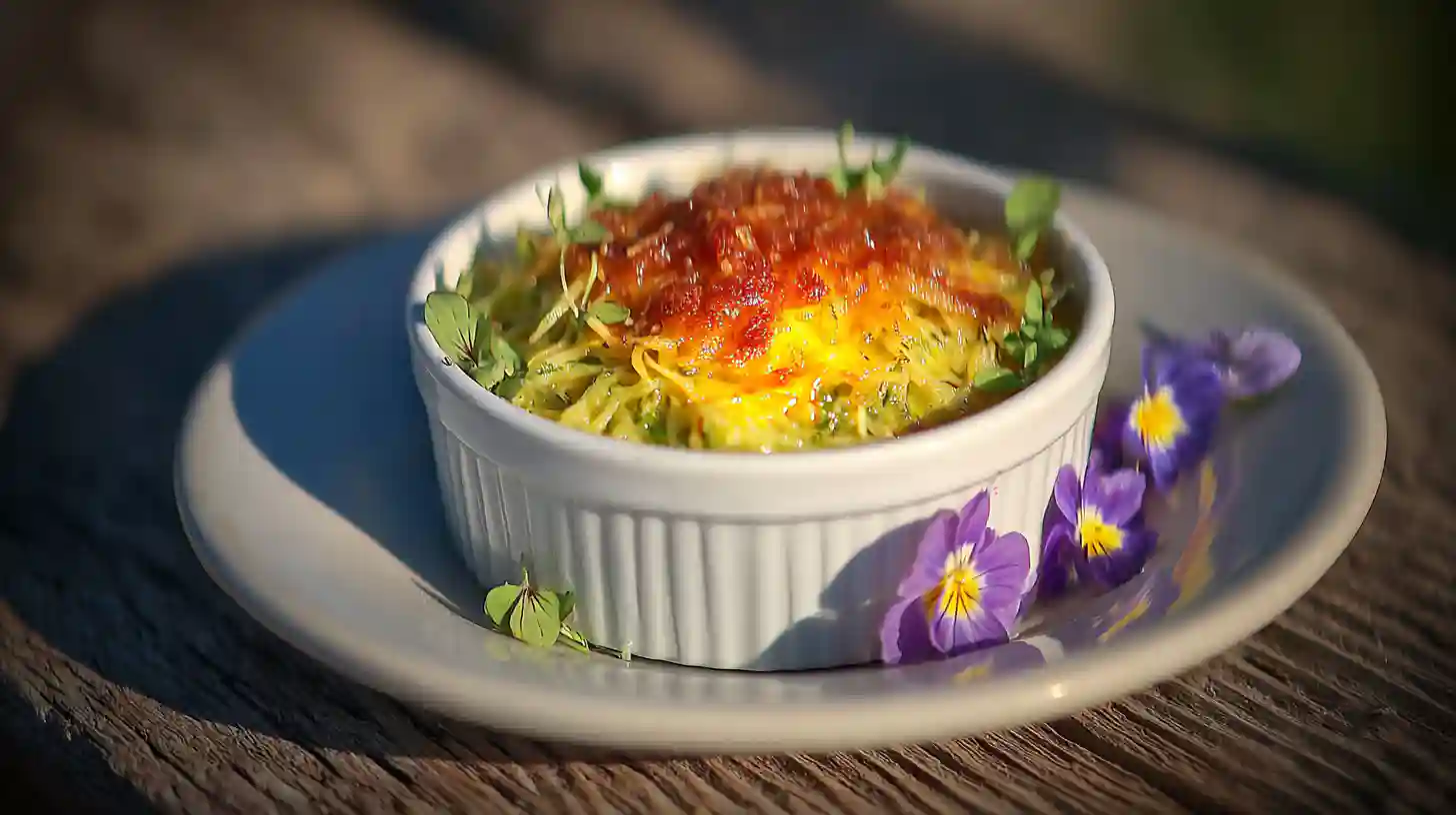 Savory crab brûlée served in a white ramekin, topped with caramelized cheese and garnished with microgreens, presented on a rustic wooden table.