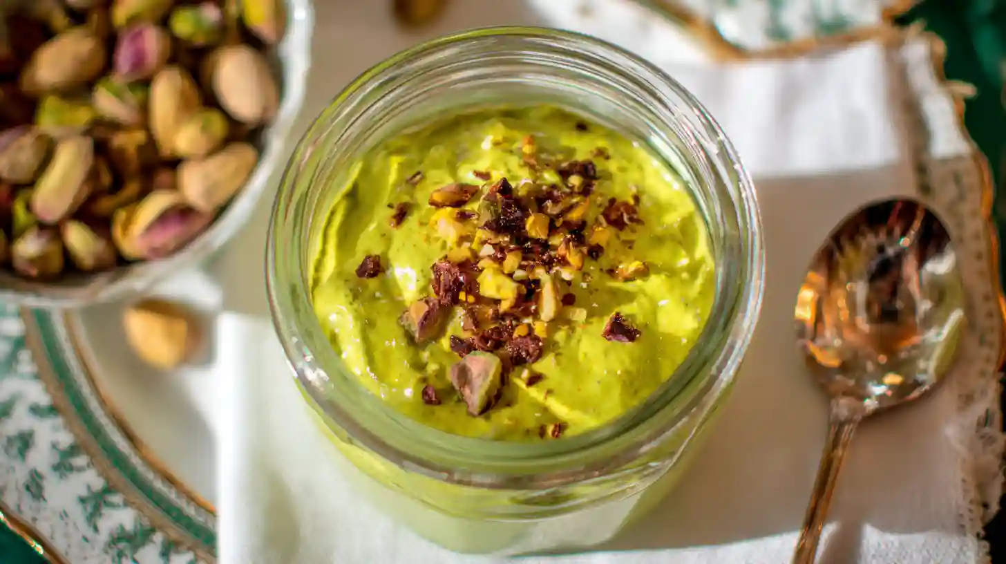 Homemade pistachio cream in a glass jar, topped with crushed pistachios – pistachio cream recipe