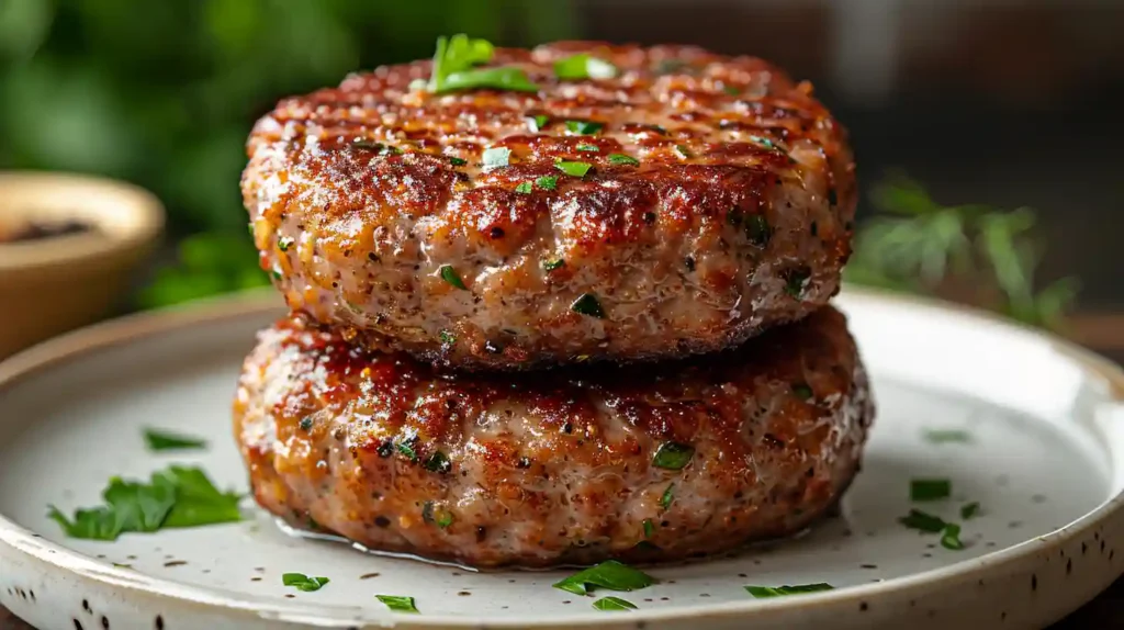 Plate with cooked healthy breakfast sausage patties ready to serve.