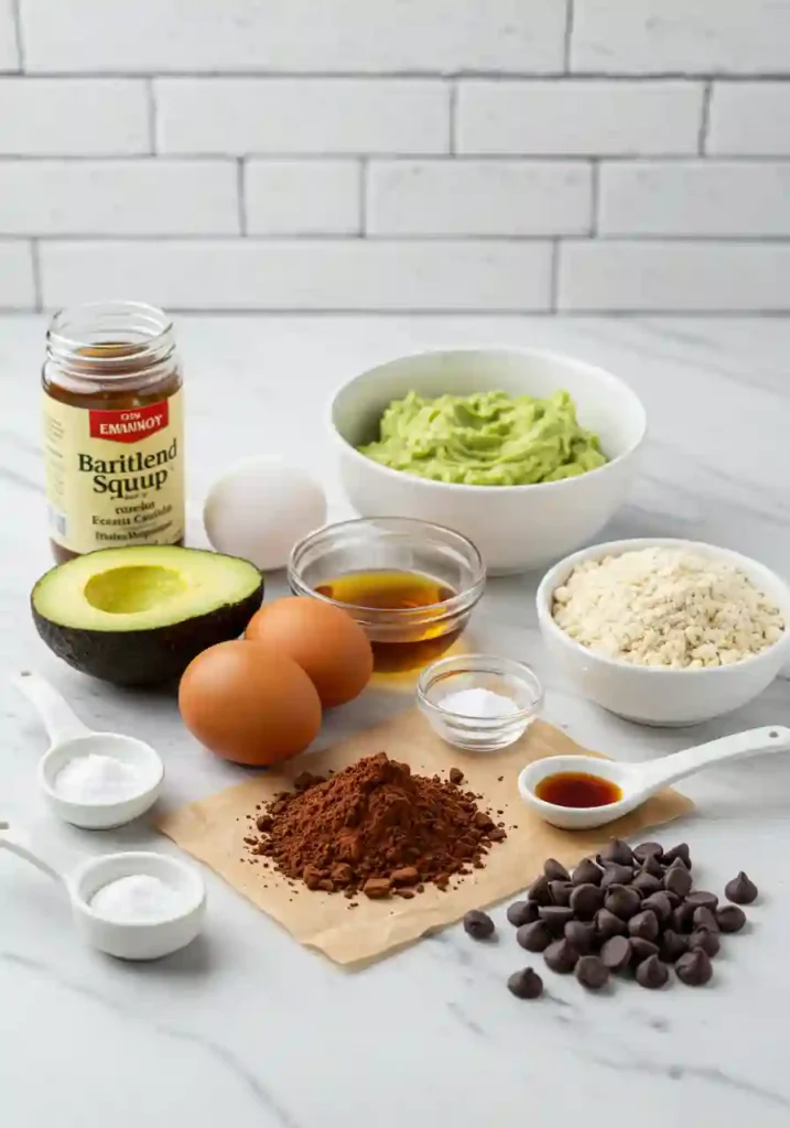 Flat lay of ingredients for avocado brownies, including avocado, cocoa, maple syrup, and almond flour