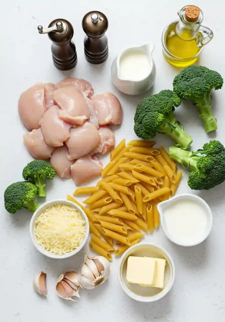 Raw ingredients for chicken broccoli Alfredo recipe