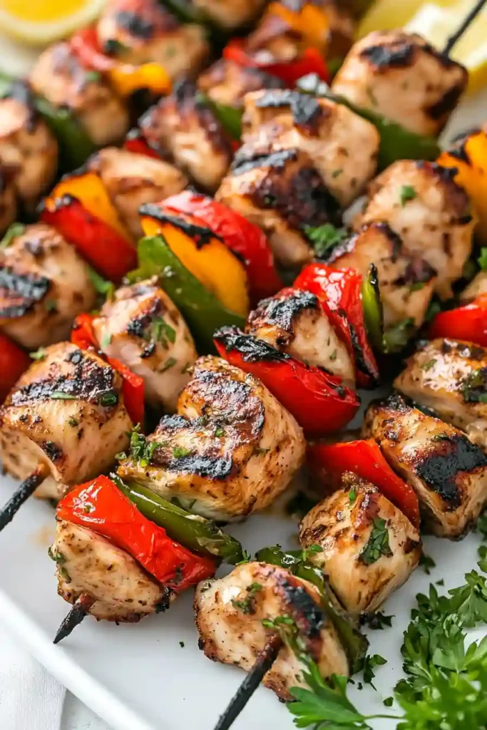 Chicken and vegetable kabobs sizzling on the grill grates over medium-high heat