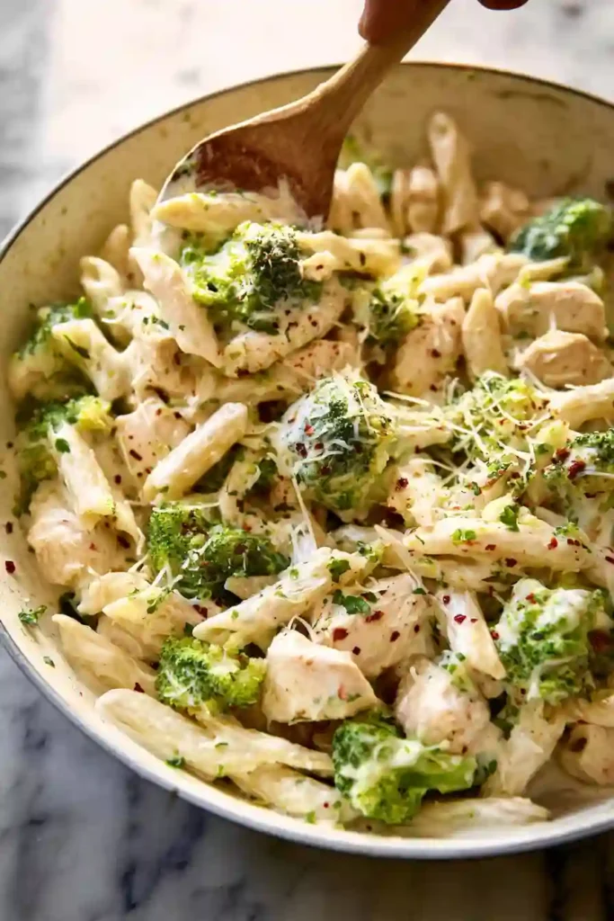 Tossing cooked chicken, broccoli, and pasta in Alfredo sauce