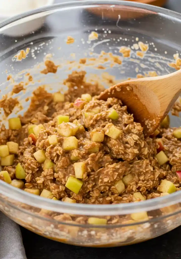 Hands mixing pumpkin oatmeal batter with wooden spoon in large glass bowl showing wet and dry ingredients combining