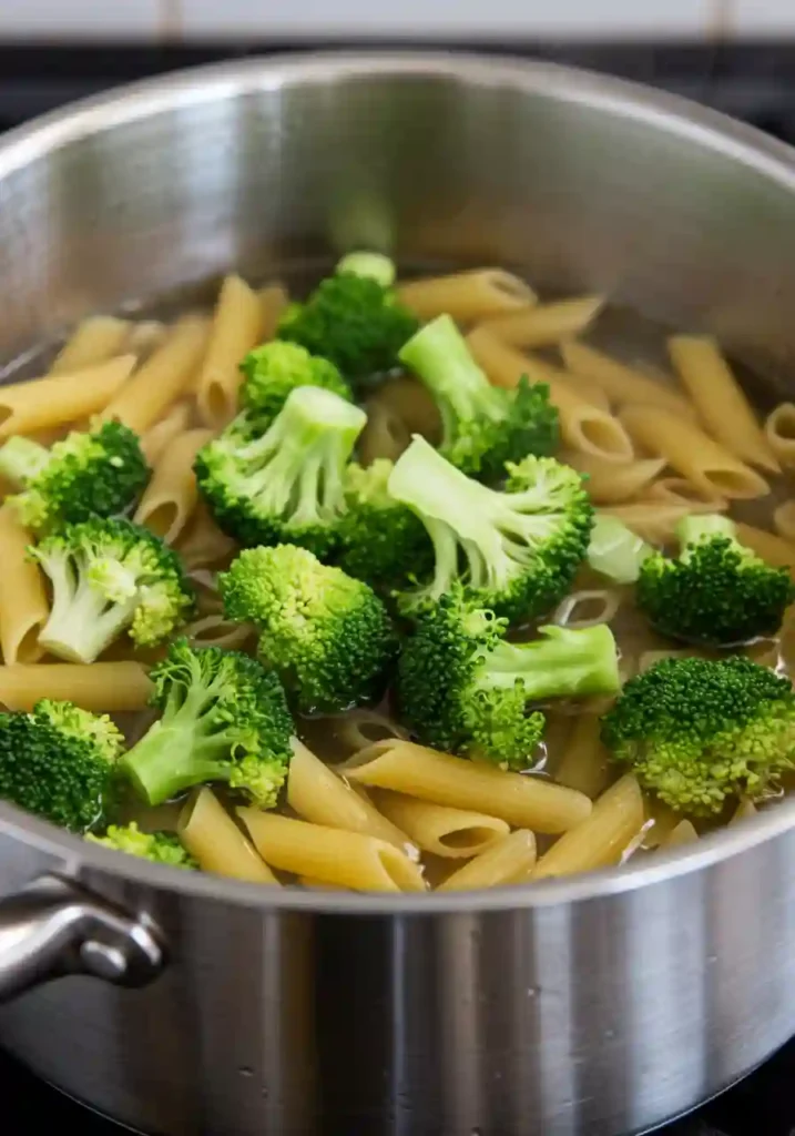 Boiling fettuccine and broccoli in a pot of salted water