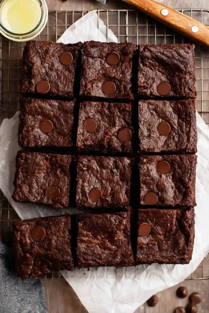 Baked avocado brownies resting in a pan on a wire cooling rack