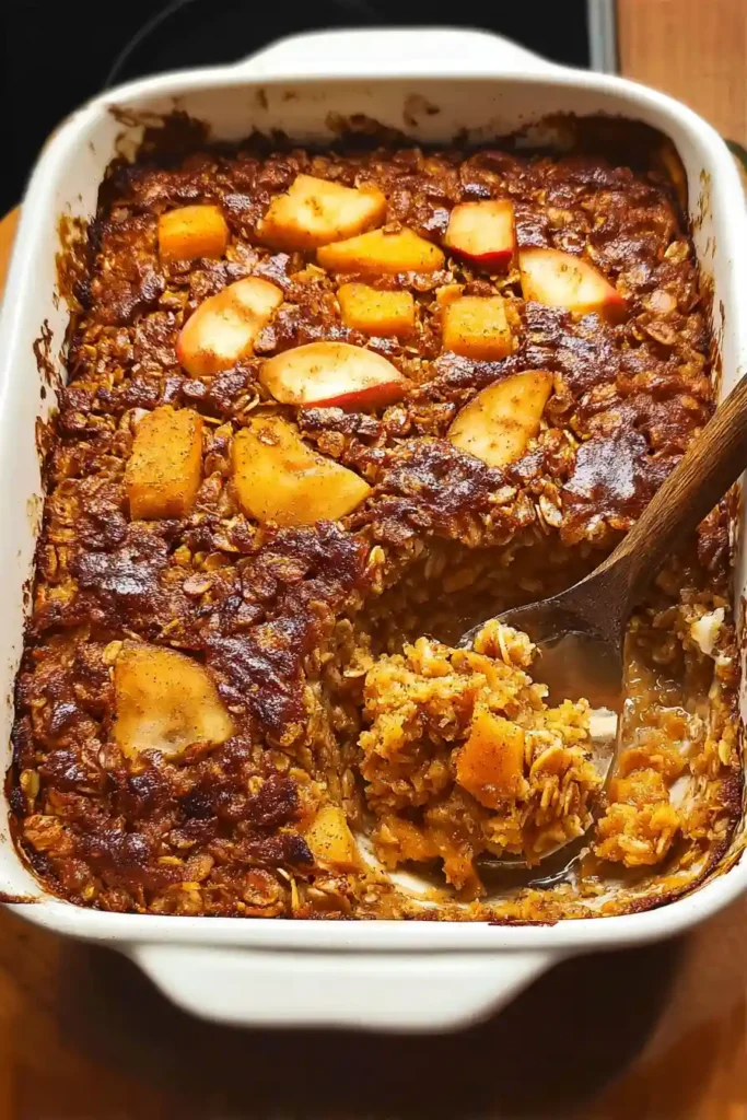 Fresh baked pumpkin apple oatmeal cooling in baking dish with golden brown top and steam rising