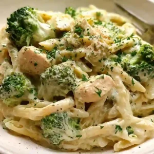 Overhead view of finished chicken broccoli Alfredo in a skillet