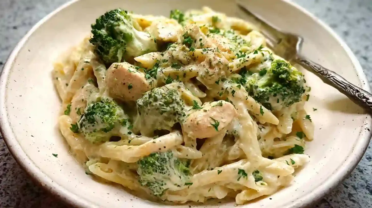 Overhead view of finished chicken broccoli Alfredo in a skillet