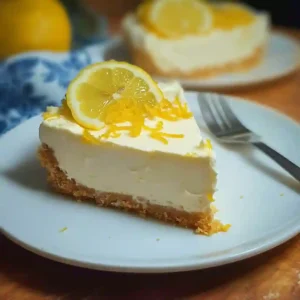 A slice of no bake lemon cheesecake on a plate with fresh lemon garnish