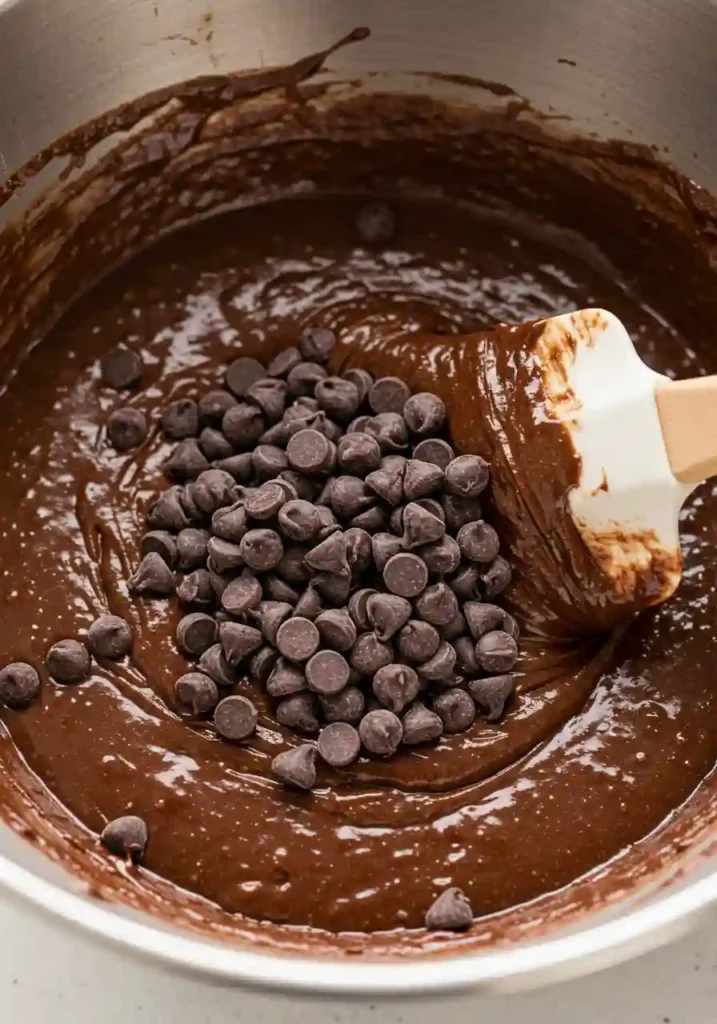 Hand stirring chocolate chips into thick avocado brownie batter in a mixing bowl