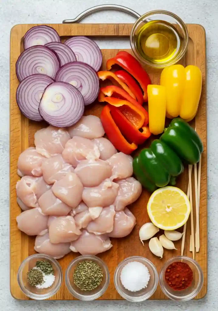 Raw chicken pieces, bell peppers, red onion, marinade ingredients, and wooden skewers ready for kabob preparation