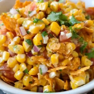 A bowl of creamy Frito Corn Salad topped with crunchy Fritos, ready to serve