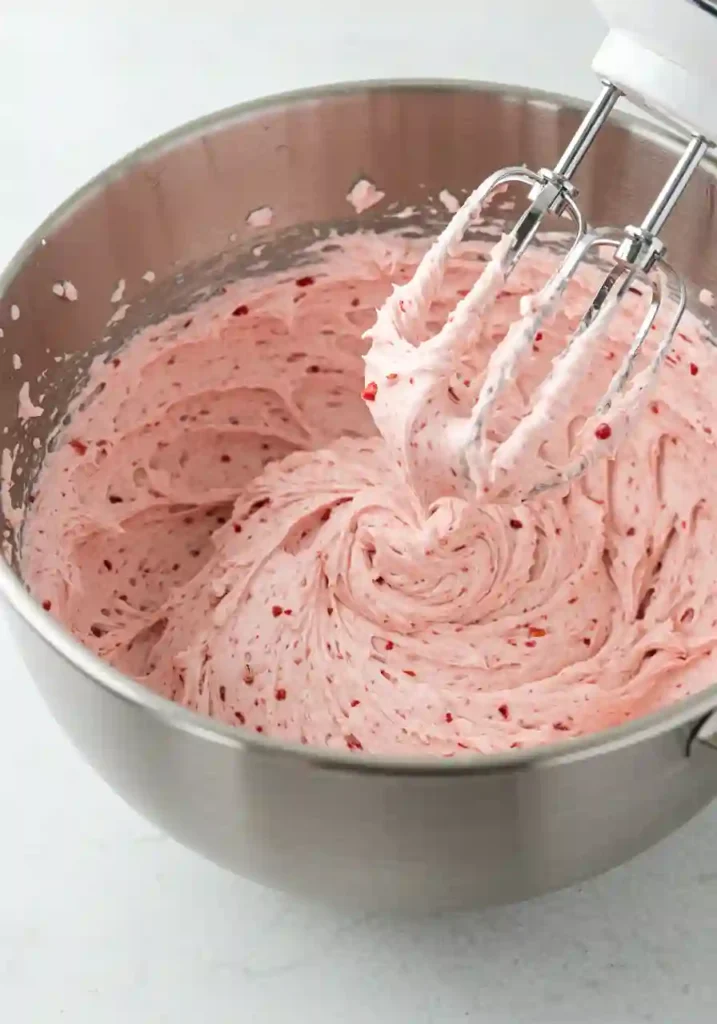 Spreading strawberry buttercream over cake layers and adding fruit garnish