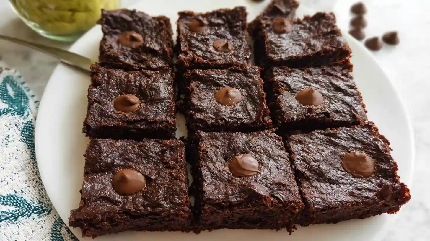 Rich and gooey avocado brownies stacked on a ceramic plate