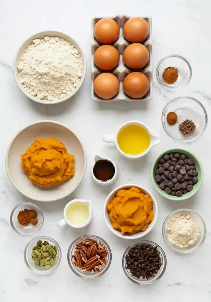 Overhead view of almond flour, pumpkin puree, eggs, maple syrup, and spices for gluten free muffins