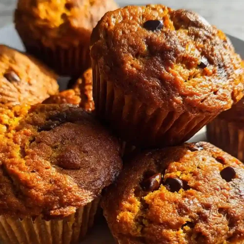 Stack of golden gluten free pumpkin muffins topped with chocolate chips on a white plate