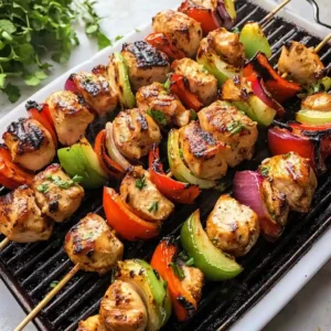 Juicy grilled chicken kabobs served with rice, salad, and lemon wedges