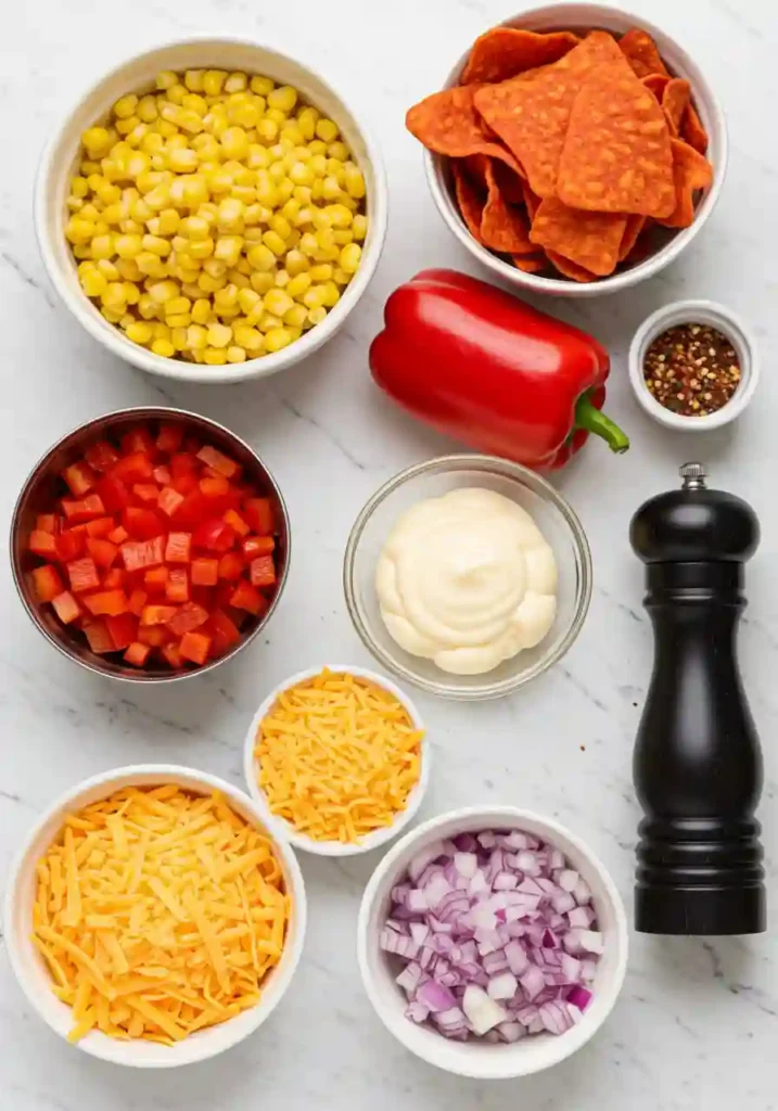 All ingredients for Frito Corn Salad including canned corn, bell pepper, cheese, red onion, mayo, and a bag of Fritos