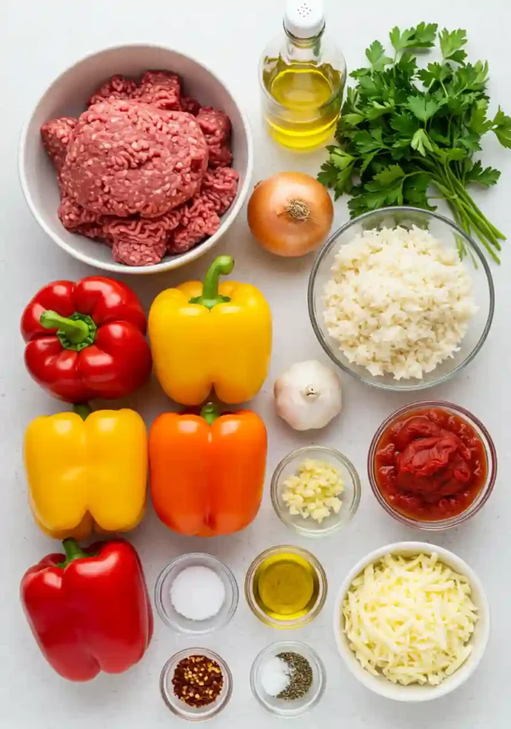 Raw ingredients including bell peppers, ground beef, rice, cheese, tomatoes, and spices