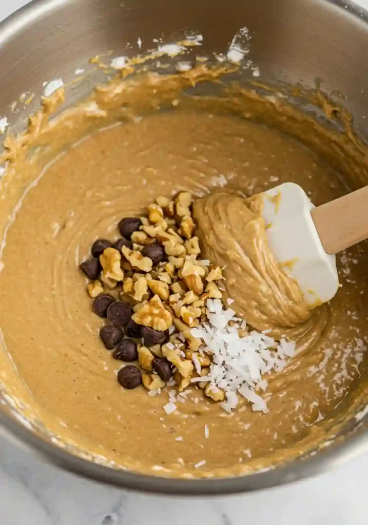Chocolate chips being folded into pumpkin banana bread batter