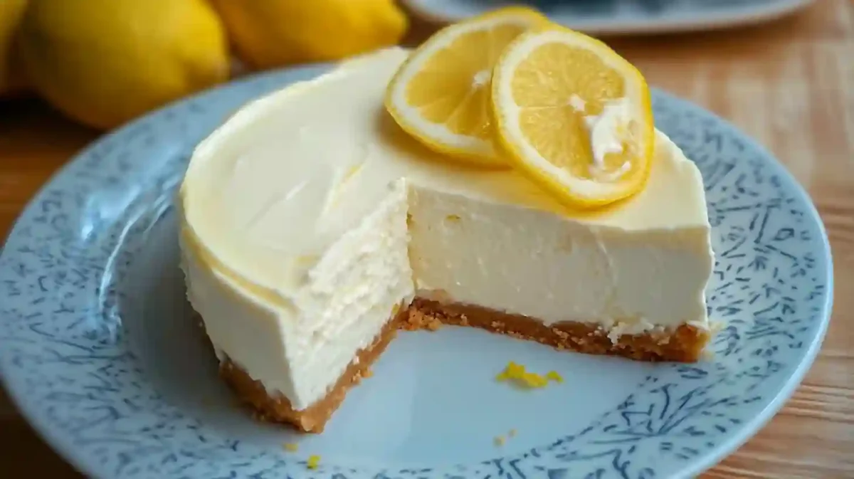Whole no bake lemon cheesecake topped with lemon zest, on a white plate