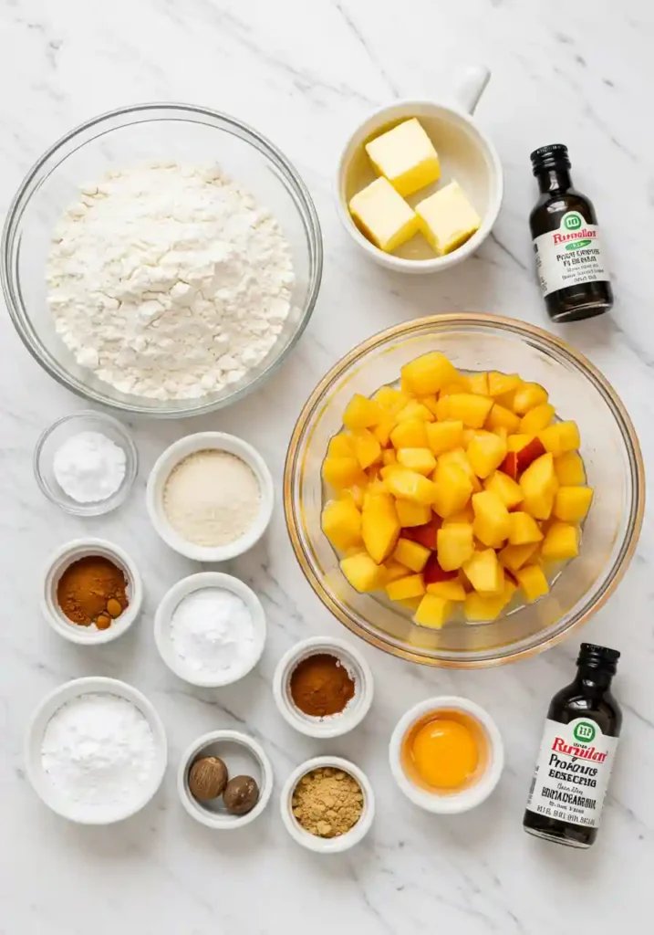 Fresh diced peaches, butter, flour, brown sugar, cinnamon and baking ingredients arranged for peach cobbler cookies recipe