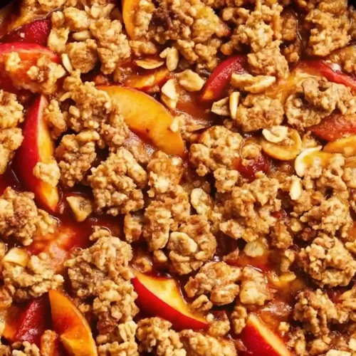 Golden baked peach crisp with caramelized oat crumble in a cast iron skillet, top view.
