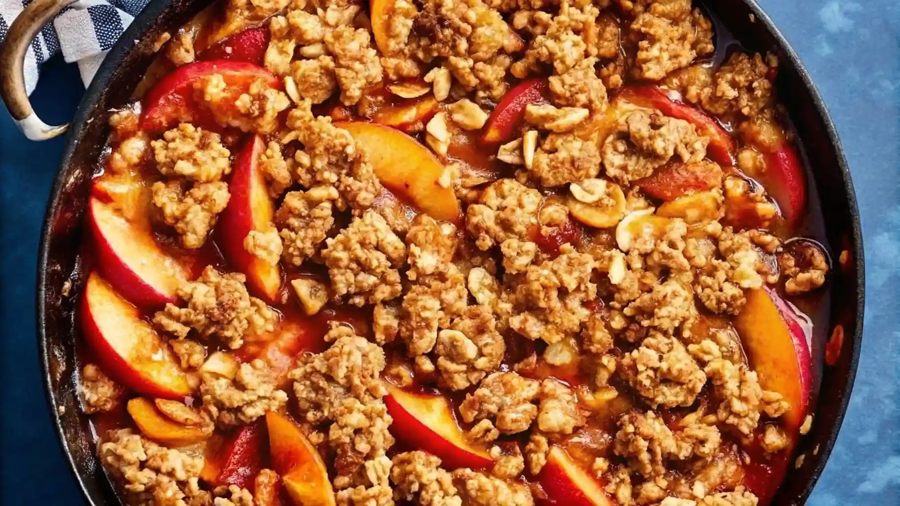 Golden baked peach crisp with caramelized oat crumble in a cast iron skillet, top view.
