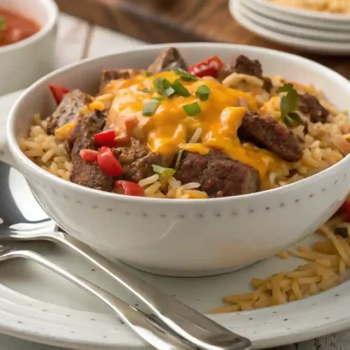 steak and queso rice in a skillet with the words steak and queso rice above it