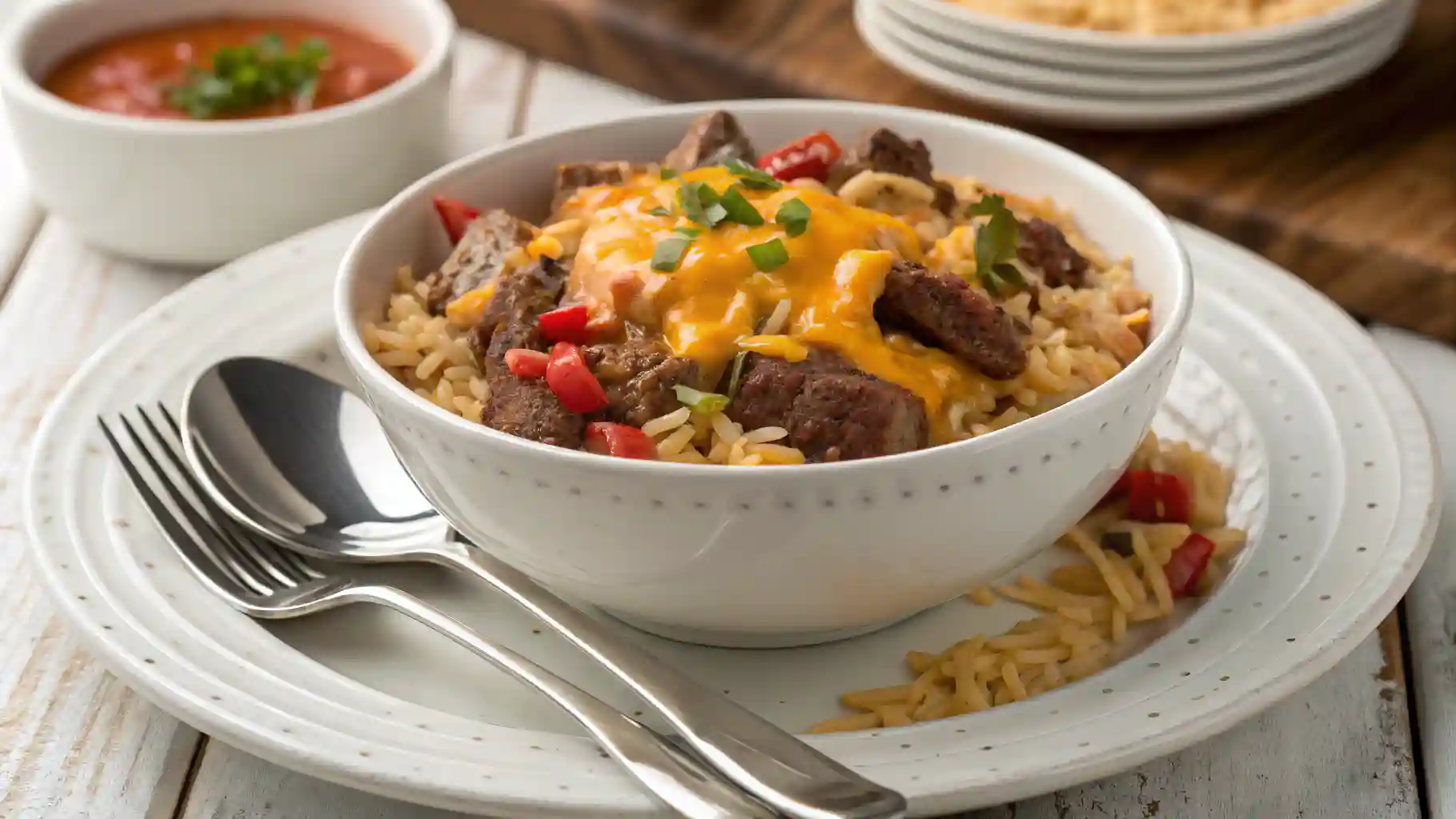 steak and queso rice in a skillet with the words steak and queso rice above it