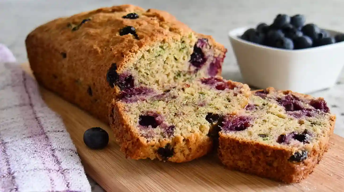 Sliced blueberry zucchini bread on wooden cutting board showing moist texture with fresh blueberries