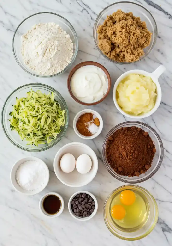 All ingredients for chocolate zucchini bread arranged on white counter including shredded zucchini flour cocoa powder eggs