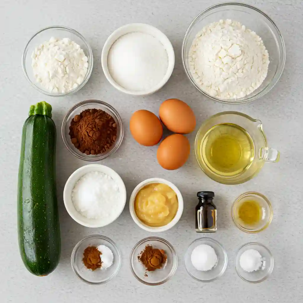 Chocolate Zucchini Muffins Recipe All ingredients for chocolate zucchini muffins arranged on kitchen counter including flour, cocoa powder, shredded zucchini, eggs, and chocolate chips