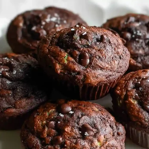 Freshly baked chocolate zucchini muffins on a white plate with chocolate chips scattered around