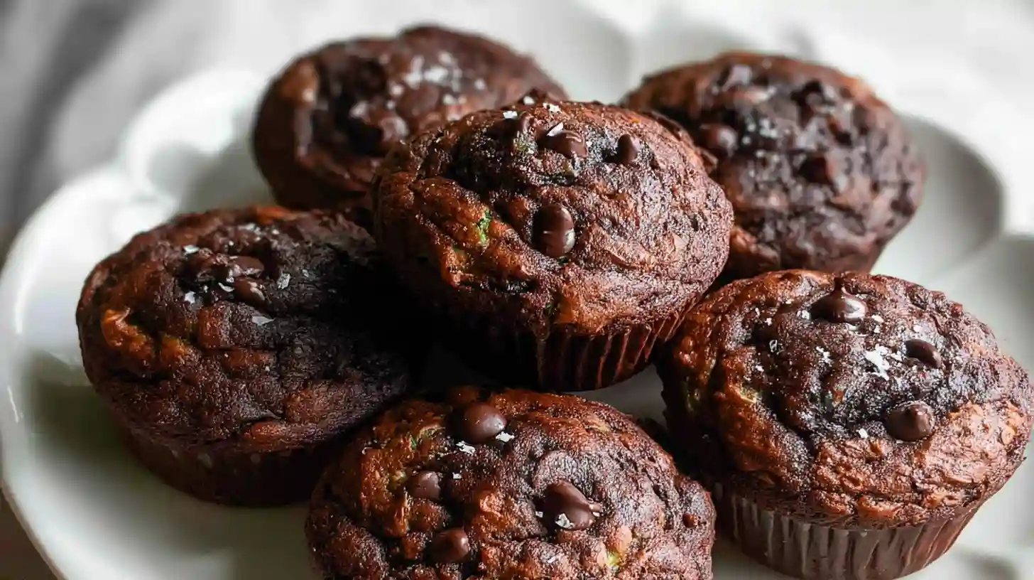 Freshly baked chocolate zucchini muffins on a white plate with chocolate chips scattered around
