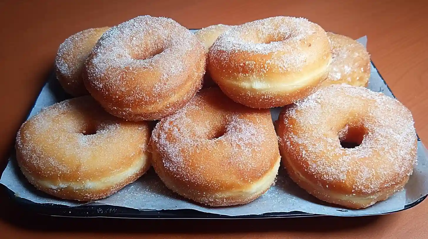 Golden homemade fluffy doughnuts with glossy glaze arranged on white plate showing perfect pillowy texture