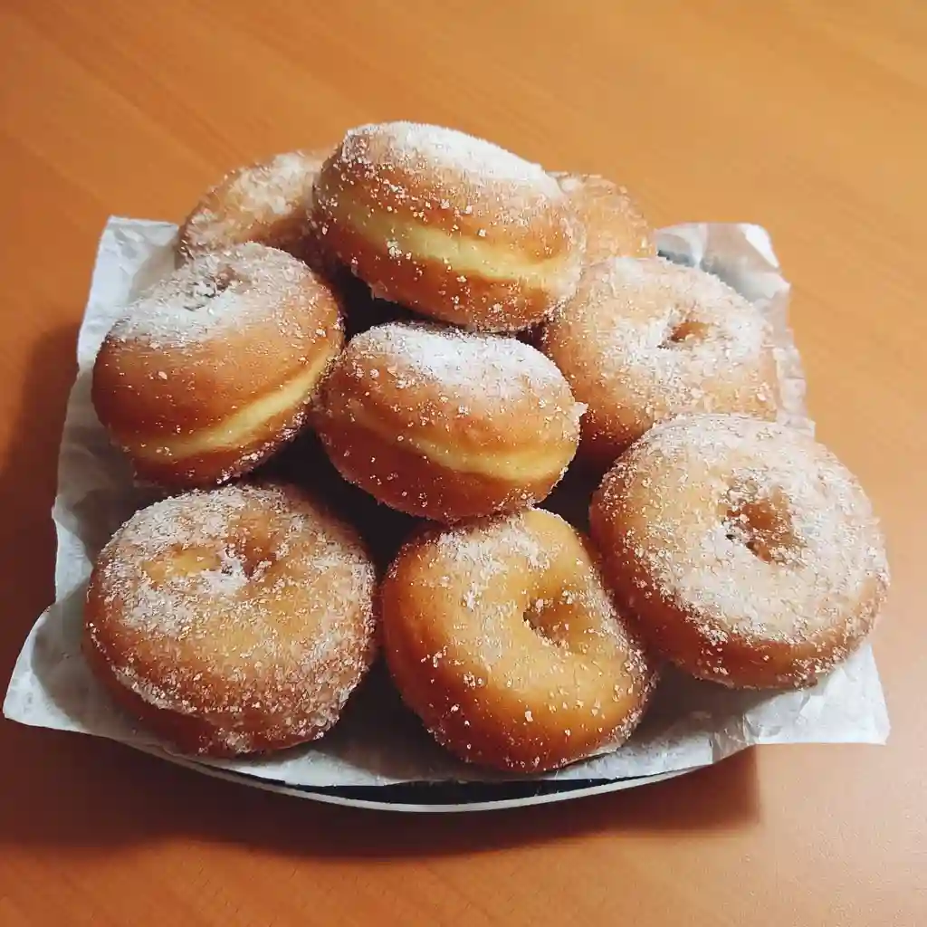 Homemade Fluffy Doughnuts Recipe Golden doughnuts frying in hot oil at 375 degrees showing proper bubbling and golden brown color