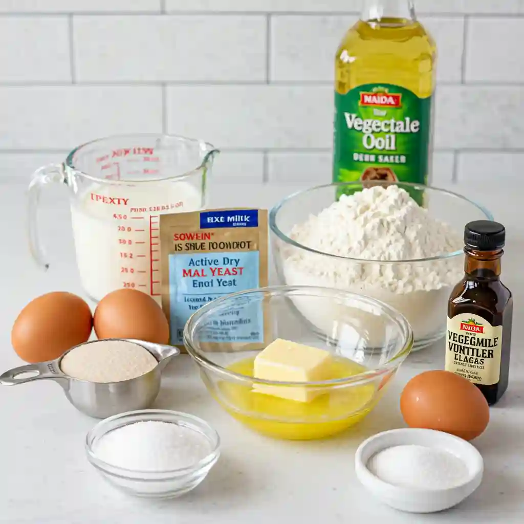 Homemade Fluffy Doughnuts Recipe All ingredients for homemade fluffy doughnuts including flour, yeast, milk, eggs, butter and sugar arranged on kitchen counter