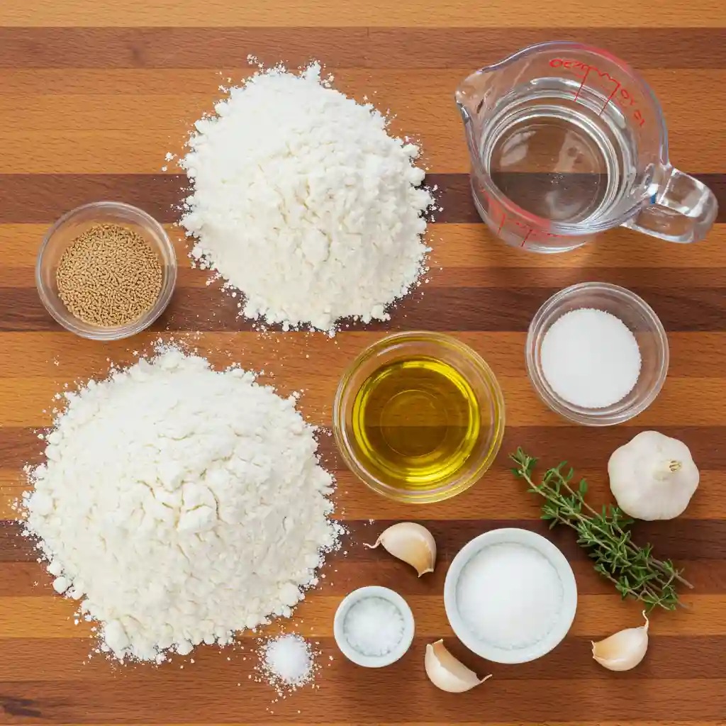 The Best Homemade Pizza Dough Recipe All ingredients for homemade pizza dough including flour, yeast, salt, sugar, olive oil and warm water arranged on counter