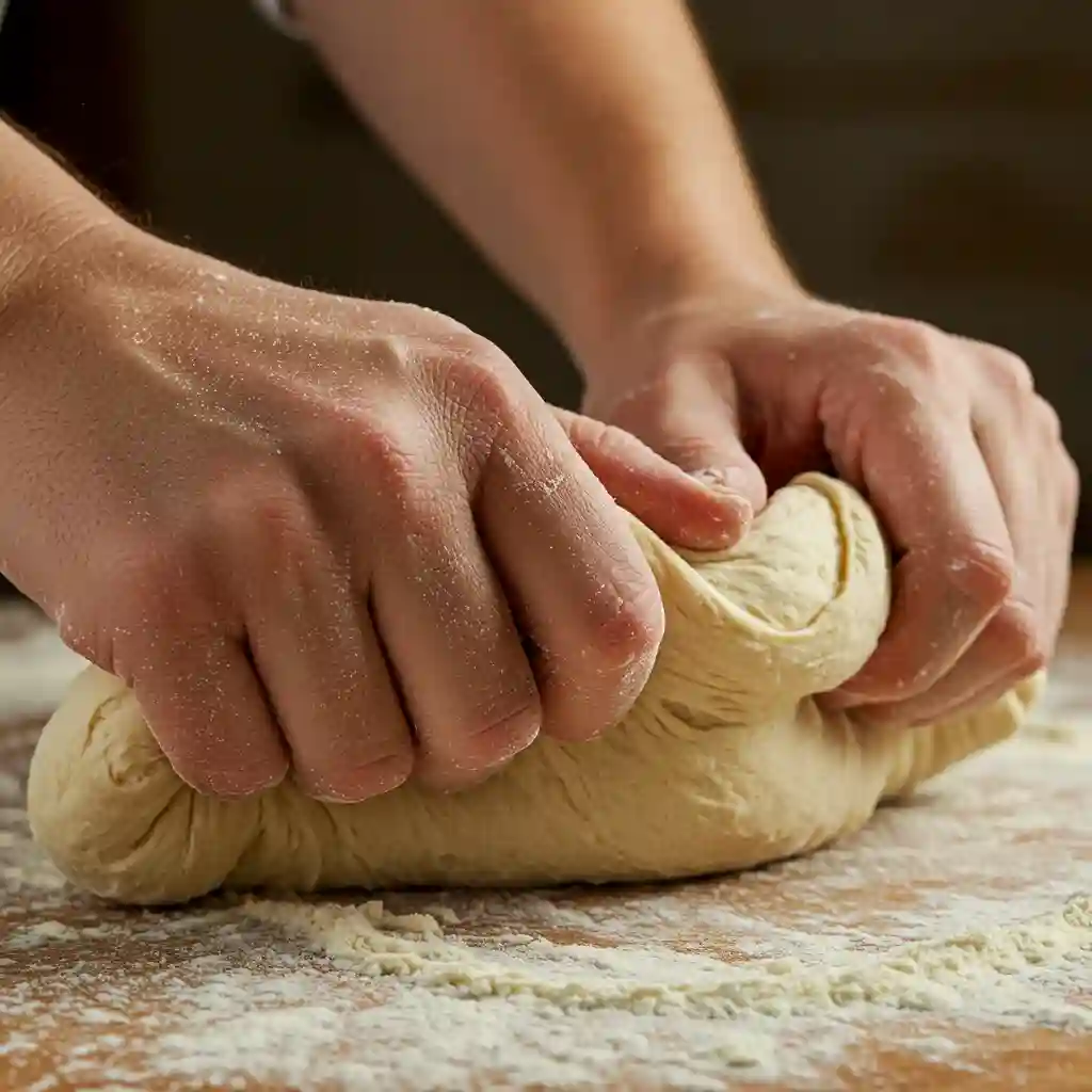 The Best Homemade Pizza Dough Recipe Hands kneading homemade pizza dough on floured surface showing proper technique for smooth elastic texture