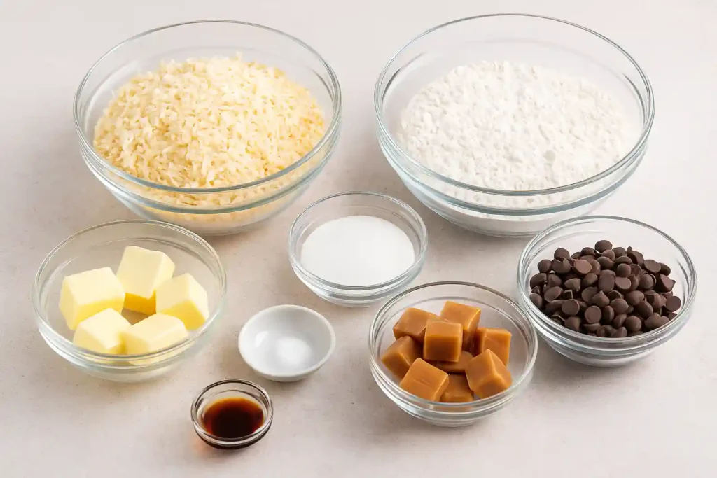 Ingredients for making Homemade Samoas Cookies Recipe : flour, butter, coconut, caramels, and chocolate chips